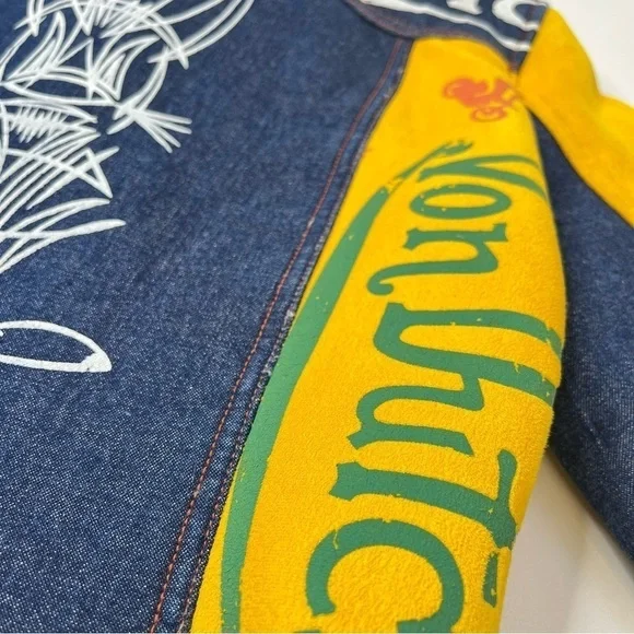 RARE Vintage Von Dutch Y2K Pink & Yellow Suede Blue Denim Faux Fur Bomber Jacket - Picture 13 of 16